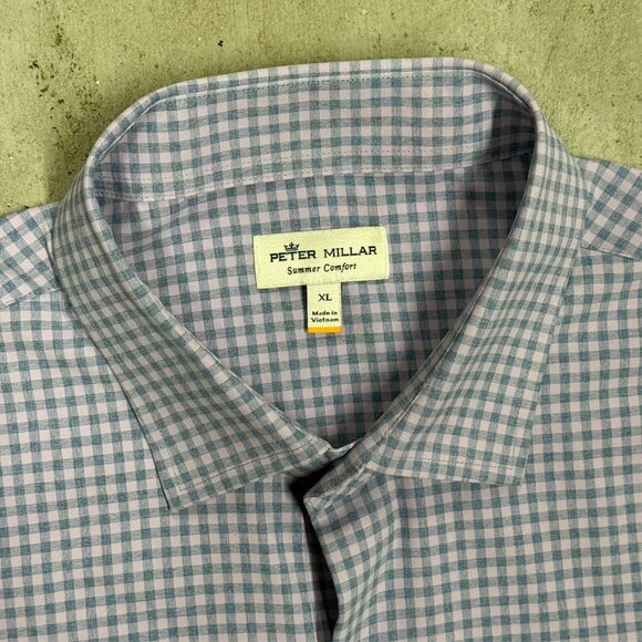 Peter Millar Summer Comfort Check Dress Shirt Button Up Blue Stretch XL - Picture 5 of 7
